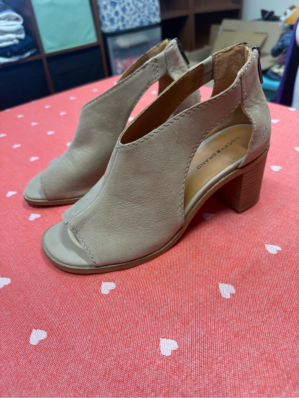 Lucky Brand Taupe Open-Toe Cutout Block Heel Sandals